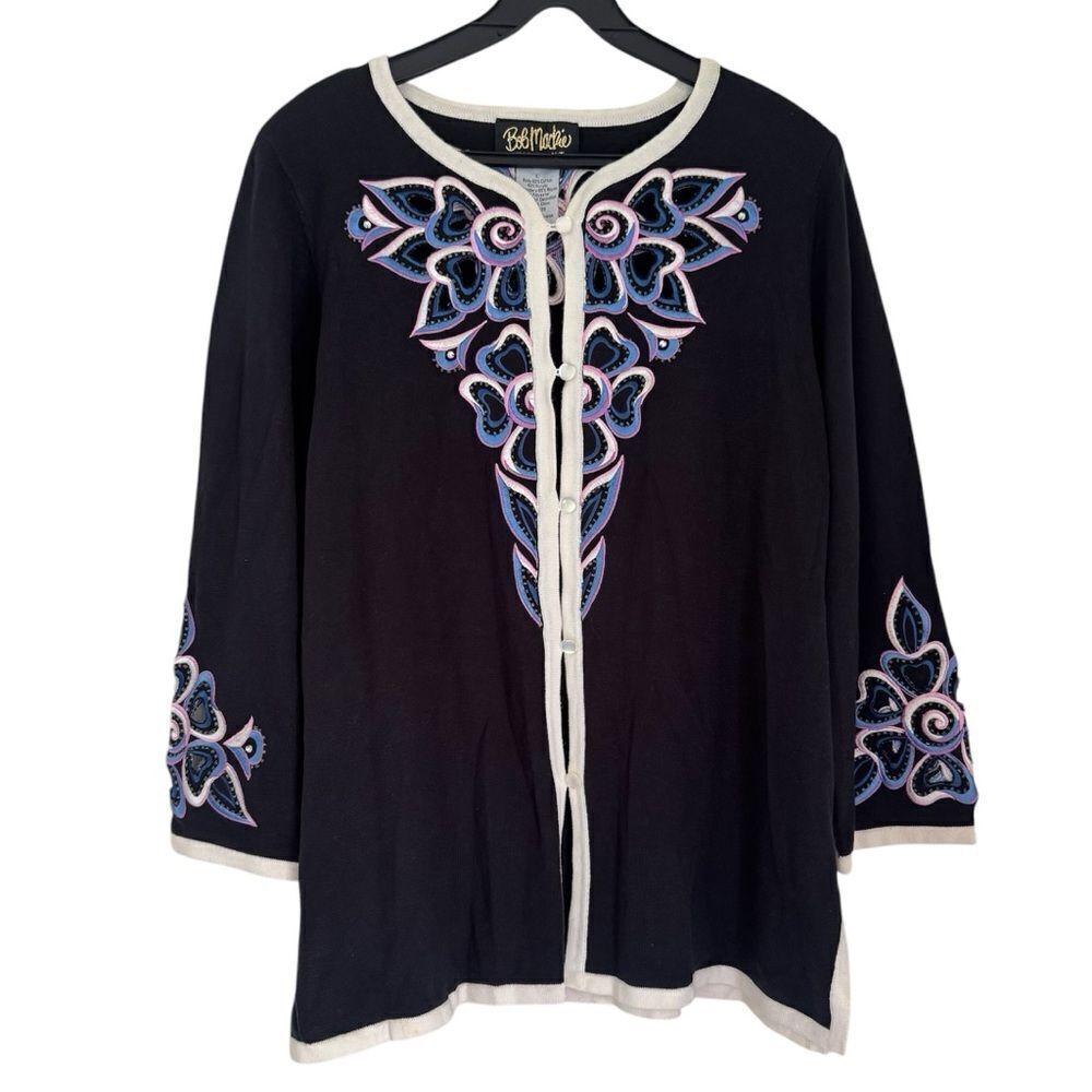 Bob Mackie Wearable Art Black Cardigan with Colorful Embroidery/Beads Size Large
